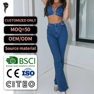 New Fashionable Casual Women's Outfit - Denim Clothing Top and Tight Pants Set 2-piece