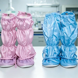 Pink and Blue Stripes Industry Safety Reusable Washable Antiskid Cleanroom Antistatic ESD Boot Covers Lace-Up Closure