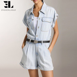 LARSUR Custom Factory Eco-friendly Soft Lyocell Denim Jumpsuit Ladies Casual Distress Wash Short Jean Jumpsuits for Women
