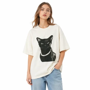 Wholesale Custom Private Label Summer Casual Loose Oversize Tee 100% Cotton Cat Print Short Sleeve T-Shirt for Women