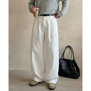 Textured Solid Color Trousers, Waist Pleated Loose Daily Bottoms