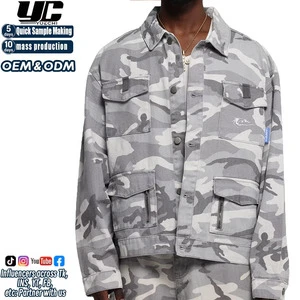 Custom Embroidery Camouflage Print Oversized Cropped Streetwear Multi-Pocket Workwear Button-Up Men's Denim Jacket