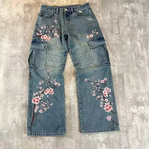 High Quality Fashion Custom Embroidery Light Blue Big Pocket Wide Leg Plus Size Stacked Baggy Men's Denim Jeans for Men