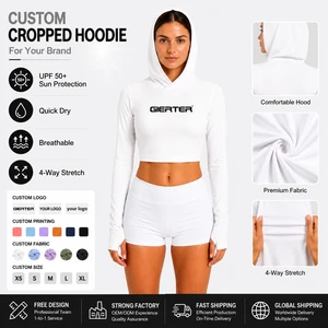 Women's Custom LOGO Plain Cropped Sun Hoodie Long Sleeve Fishing Shirts Quick Dry 4-Way Stretch Surf Swim Beach Crop Rash Guard