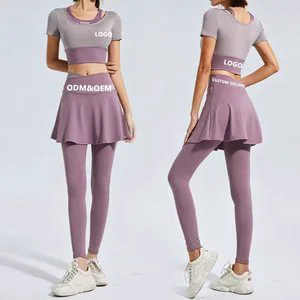 Modest Workout Set Women 2 Piece Skirt Leggings and Short Sleeve Gym Top High Waist Tummy Control Quick Dry Color Blocking