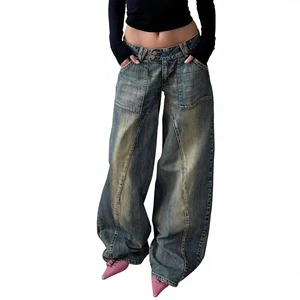 European American Cross-Border Mid Waist Denim Washed Distressed Design Loose Slimming Casual Fashionable Women's Wide-Leg Jeans
