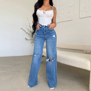Spring Summer Lady Fashion Jeans High Waist Ripped Hole Trousers Women Long Wide Leg Denim Pants