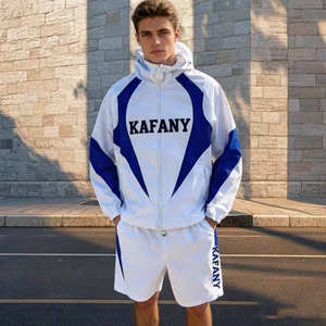 Custom OEM Tracksuit Color Block Short Set Sports Jogger Suit Zip Up Jacket And Shorts Set 100% Nylon Windbreaker Set