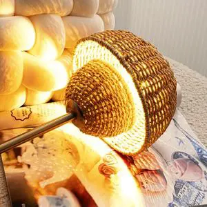 Boho-Natural Bamboo Rattan Table Lamp for Bedroom & Living Room LED Nightstand Bedside Electric Switch Touch Control Metal Shade