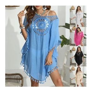 Hot Selling Factory Women Summer Beach Cover up Solid Color Swimsuit Crochet Beach Cover up Dresses Hollow Out Tassels Beachwear