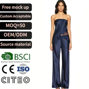 Navy Blue Satin Strapless Lace Trim Camisole Wide Leg Pants Set Women Luxury Sleepwear Lounge Pajamas Two Piece Outfit