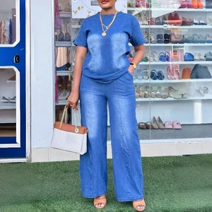 J9065 Trendy Denim Suit for Women Short Sleeve Crew Neck Top and Straight Jeans Two Piece Set Elegant Matching Set for Ladies