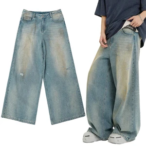 New High Quality Men's Baggy Hip Hop Wide Leg Distressed Loose Fit Mid Waist Embroidery Eco-Friendly Plus Size Jeans