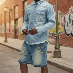 High Quality Customized Men Y2k Denim Shorts Mid Waist Distressed Wash Light Vintage Process with Retro Hem