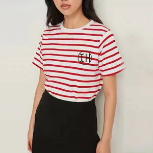 Clothing Manufacturer Women's Round Neck Striped Blouse Tops Casual Loose Fit Short Sleeve Shirts Summer Styles Casual Wear