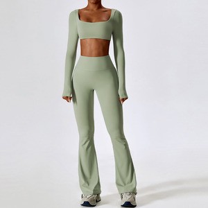 Custom Recycled Square Neck Long Sleeve Crop Tops Yoga Pants 2 Piece Set High Waist Flared Gym Legging Fitness Sets For Women