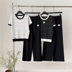 Cross-Border Summer Fashion Set Women Short Sleeve Neck Striped Knitted Top Loose Patchwork Wide-Leg Pants Casual Versatile 1018