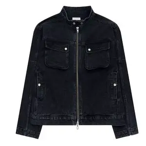 High Quality Vintage Washed Black Zip up Jeans Custom Cargo Pockets Bomber Denim Jacket for Men