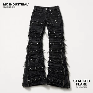 Streetwear Punk Gothic Metal Hardware Distressed Frayed Multi-pocket Stacked Flare Zipper Bottom Slim Denim Pants Men's Jeans