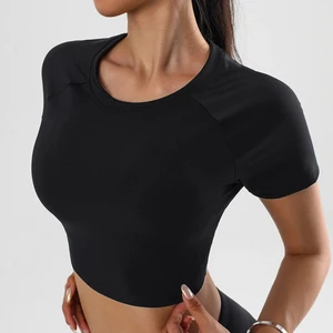 Women's Eco-Friendly Short Sleeve Crop Tank Top Quick-Dry Breathable Black Fitness Gym Yoga Tops for Summer Exercise Sports