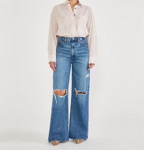 Manufacturer Custom Logo Mom Jeans High Waist Baggy Jeans Boyfriend Raw Hem Knee Rip Wide Leg Jeans For Women