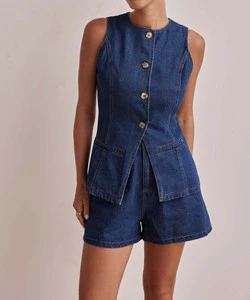 Women's Casual Denim Set Spring Summer Vintage Sleeveless Waist-Defining Cut High-Waisted Loose-Fit Denim Shorts Two-Piece Set