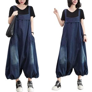 Vintage Denim Overalls for Women Casual Loose Strap Lantern Pants Fashion High Waist Wide Leg Pants Ladies Jumpsuit