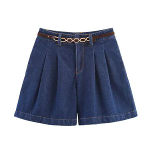 SHENZHU 2025 Fashionable and Versatile Summer New Women's Denim Pleated Belt High Waist Shorts 6164112 6164109