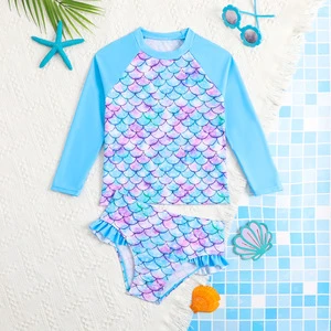 Girls Two Piece Long Sleeve Rash Guard Swimsuit Cute Cartoon Print Ruffle Bikini Kids Beach Bathing Suit