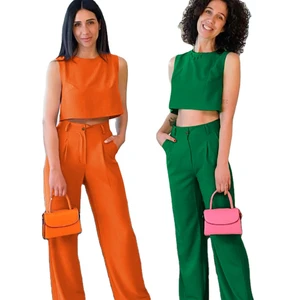 2023 Designer Fashion Casual Suit With Ladies Crop Top and the Trousers Green Women's Sets