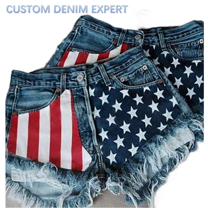 American Flag Design Women's Summer Denim Shorts Wholesale Distressed Ripped Denim Tears Jean Shorts Ladies