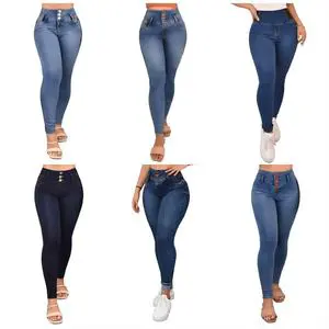 Women's Black And Blue Curvy Stretchy High-waist Boyfriend Jeans Baggy Skinny Pants With Ripped Decoration For Ladies