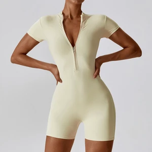 OEM Women Breathable Lightweight Quick Dry Knee Length Tight Waist Nylon Spandex Short Sleeve Sport Jumpsuit for Gym Fitness