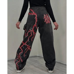 New Custom Women's High Waist Loose Fit Rivet Woven Denim Jeans Wide Leg Washed Vintage Distressed Pants Printing Autumn 100%