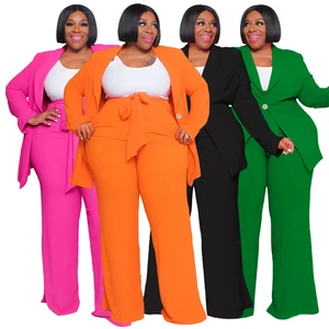 Plus-size Women's Modest Style Professional Casual Two-piece Set Lace-up Long Sleeve Trousers Solid Spring