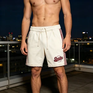 Men Retro Sport Shorts Maroon Side Trim Raw Edge Finish Loose Fit Loungewear Bottoms Factory Direct Sale Price