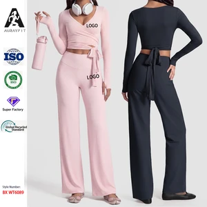 Womens Solid Color Breathable Long-Sleeve Yoga Top Crisscross Straps Spandex/Nylon Material Ballet-Style for Sports Fitness