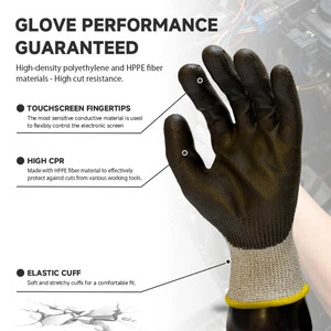 Factory Direct Touch Sensitive Cut Level C PU Coated Anti Slip Breathable HPPE High CPR Safety Gloves For Electronics Assembly