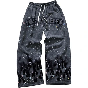 Custom Printed Wide Leg Sweatpants Streetwear Clothing Drawstring Elastic Waist Drip Pants Rhinestone Pants Hip Hop Pants Men