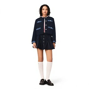 Women's Loose Denim Set for Spring/Autumn Above Knee Length Collarless Jacket Cardigan and Wide-Leg Pants with Solid Pattern