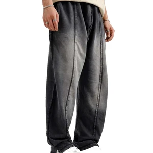 Custom Men's Plus Size Breathable Oversized Baggy Sun Fade Washed Denim Jeans Patch Straight Loose Fit Wide Leg Street Style