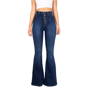 Casual Woman's High Waist Bell Bottom Jeans Cotton Straight Light Wash Plus Size Loose Fit XL