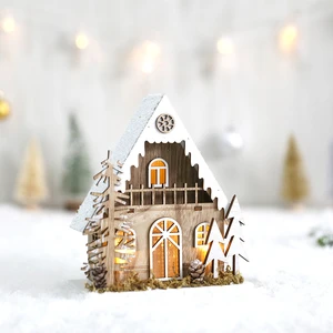 Christmas Lighted Wooden Village House Tabletop Decoration Christmas Houses White Wood Glittered Cabin LED House
