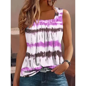 Plus Size Women's Square Neck Sleeveless Tank Top Pleated Front Tie-Dye Feather Print Loose Casual Summer Daily Wear Vest
