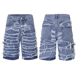 Men'S Premium Distressed Denim Shorts Casual Streetwear Ripped Jean Shorts Summer Fashion Cotton Denim Shorts
