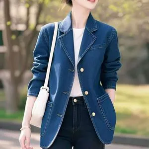 Spring Autumn New Fashion Denim Women Single Breasted Notched Collar Blazer Long Sleeved Office Casual Suit Jacket Slim