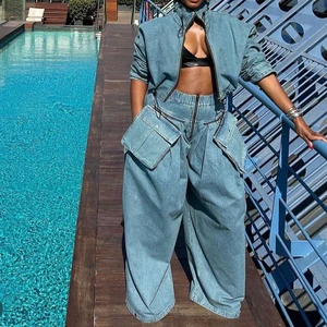 Vintage Unique Fashion Fall Winter Lady Streetwear Denim Jeans Jacket Wide Leg Matching Sets Two Piece Pants Set Women'S Sets