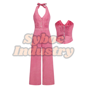Women's Stylish Vintage Pink Cowgirl Denim Overall Jumpsuit Summer Vacation Light Acid Wash
