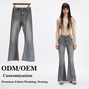 ODM OEM Custom Mid High Waist Stretchy Vintage Grey Washed Breathable Flare Denim Pants Baggy Jeans For Women Women's Pants