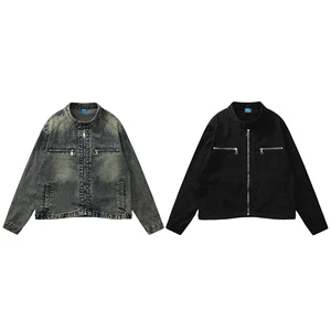 Wholesale Men's Denim Stand Collar Jacket Autumn Winter Street Trendy Style Loose Jacket Sheep Skin Leather Men Windproof Jacket
